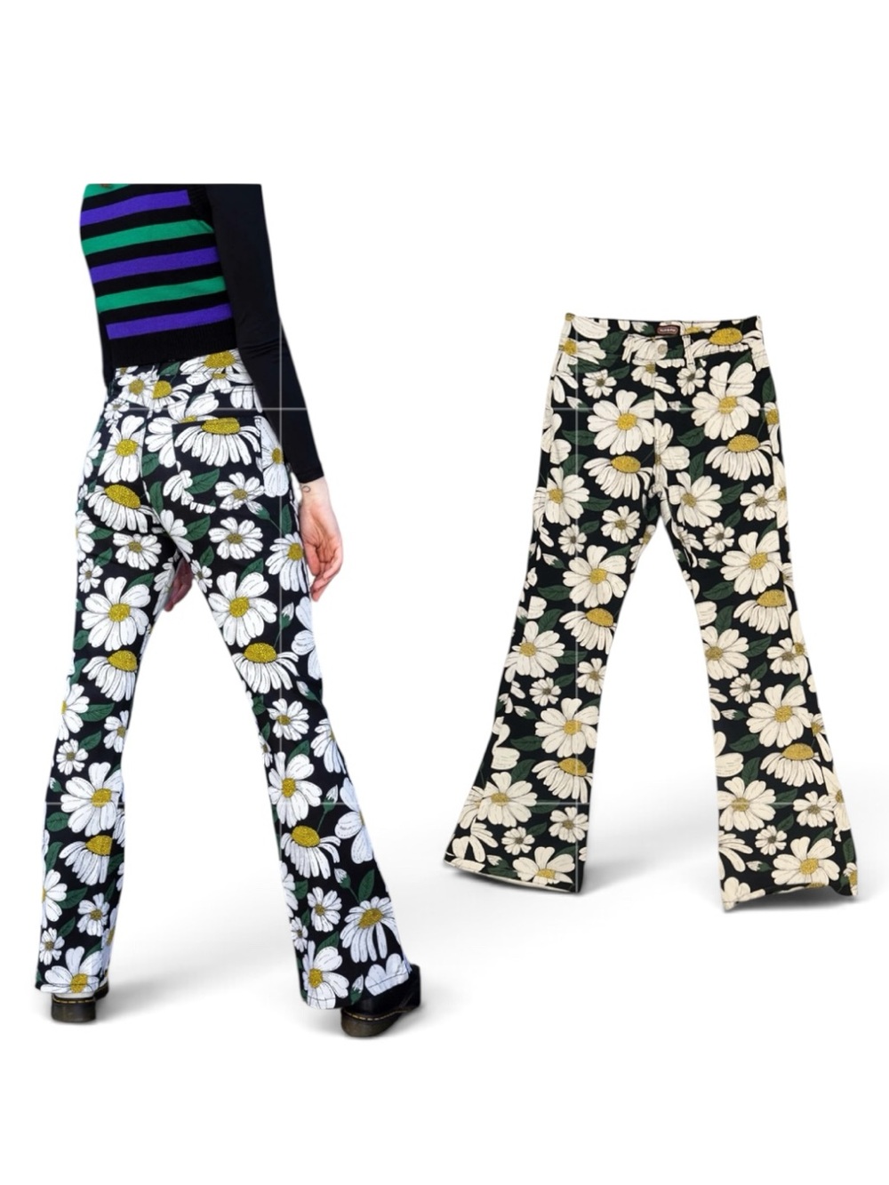 Run & Fly – Black Daisy High Waisted Bell Bottom Flares